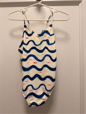 Quince Cream and Navy Girls' Fish Print Swimwear